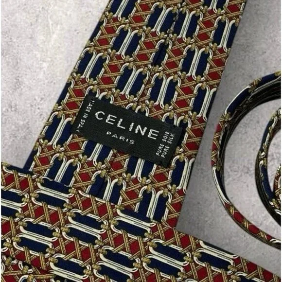 CELINE Silk Tie SPAIN Navy Burgundy Beige Geometric W:3.7 EUC